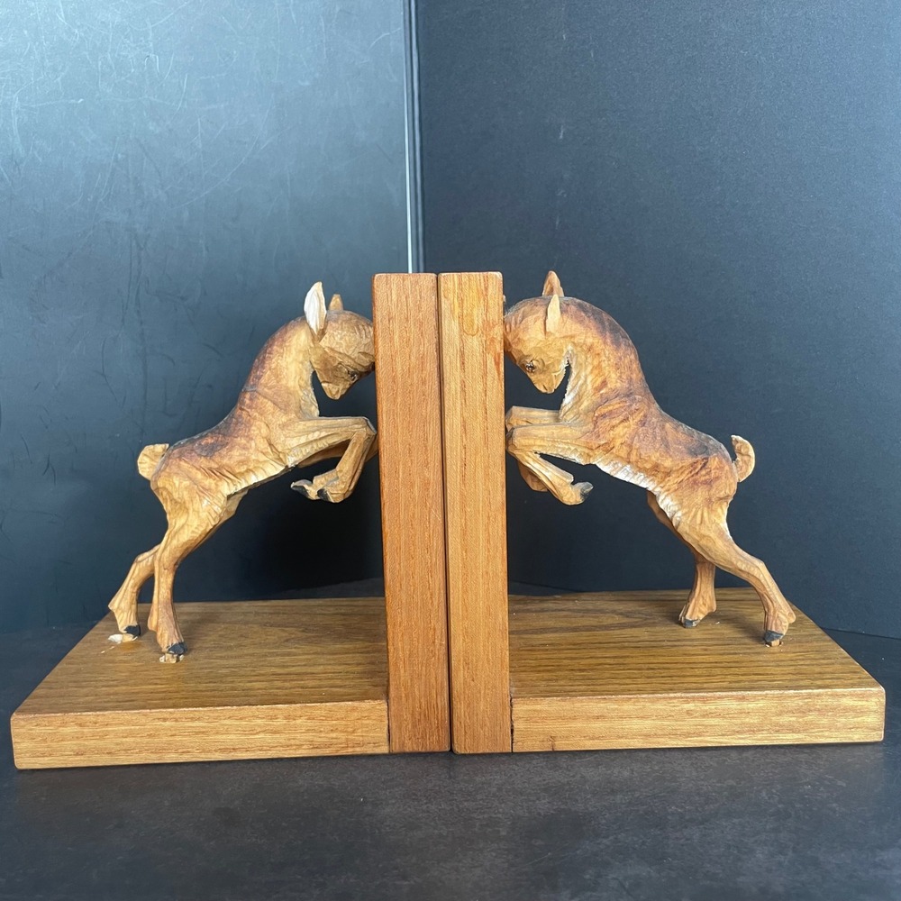 Vintage Hand Carved Wood Goat Bookends Rustic Cabin Decor Dovetail Joinery Brown